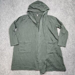 Eileen Fisher Sweater Womens Large Green Hooded Open Cardigan Made USA